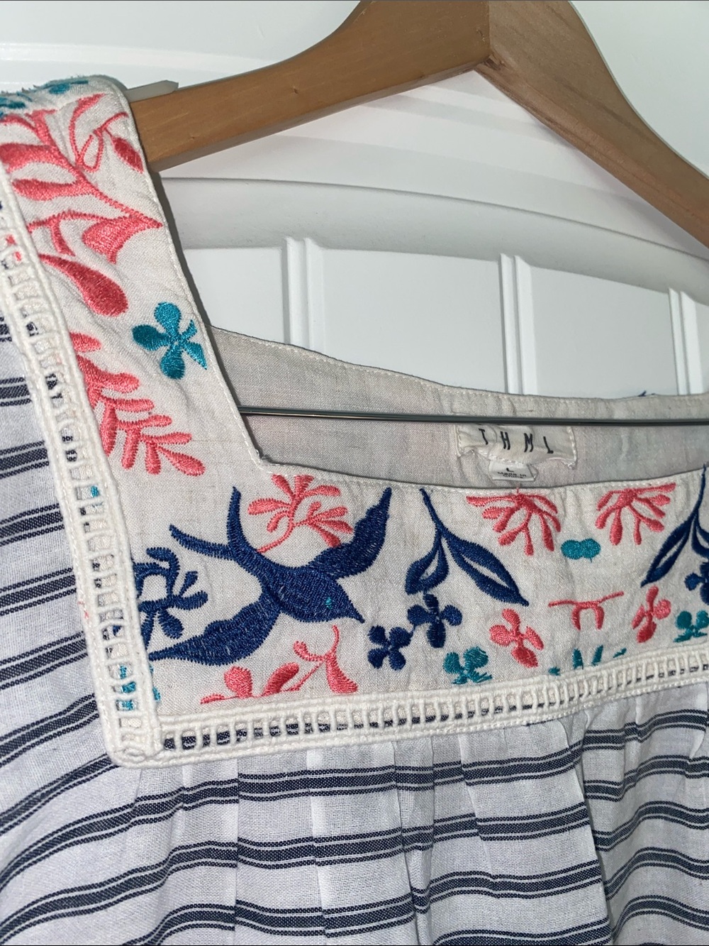 THML Navy & White Striped Square-Neck Top with Pink Tassel Trim size Large - Picture 4 of 15